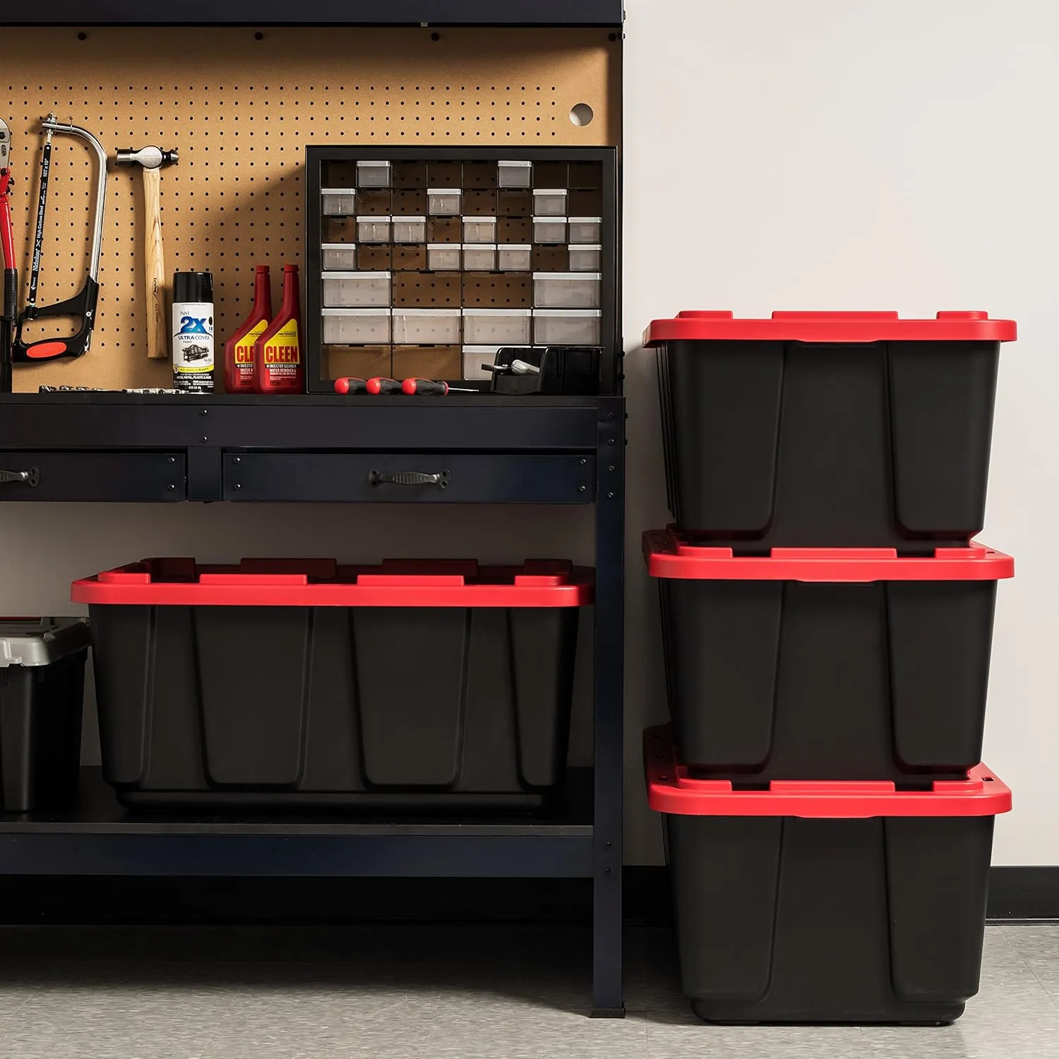 IRIS USA 27 Gallon Heavy Duty Truck Bed Toolbox Storage Tote Bins with Lids, 4 Pack - Made in USA, Tough Snap On Lid Stackable Industrial Rugged Tubs, Garage Organization, Reusable Box - Red