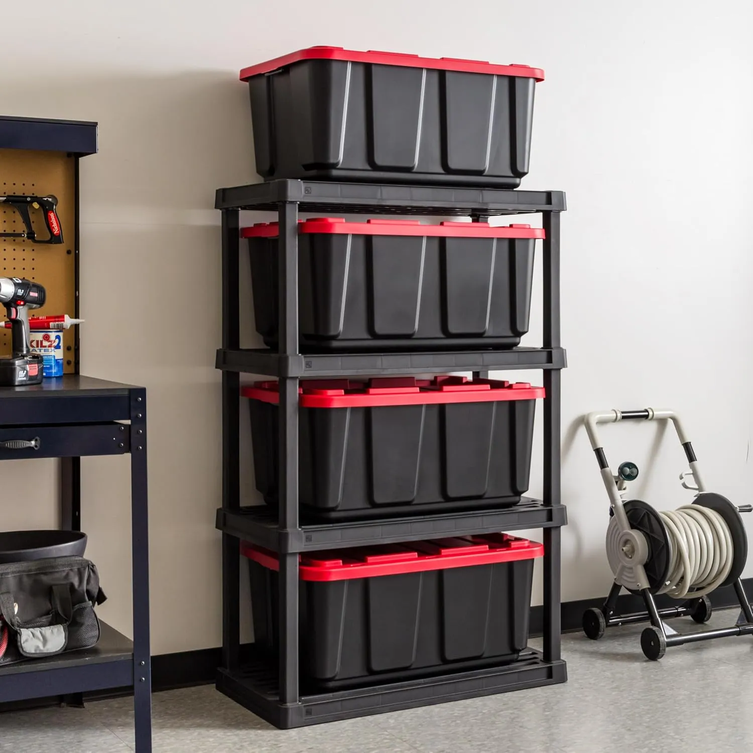 IRIS USA 27 Gallon Heavy Duty Truck Bed Toolbox Storage Tote Bins with Lids, 4 Pack - Made in USA, Tough Snap On Lid Stackable Industrial Rugged Tubs, Garage Organization, Reusable Box - Red