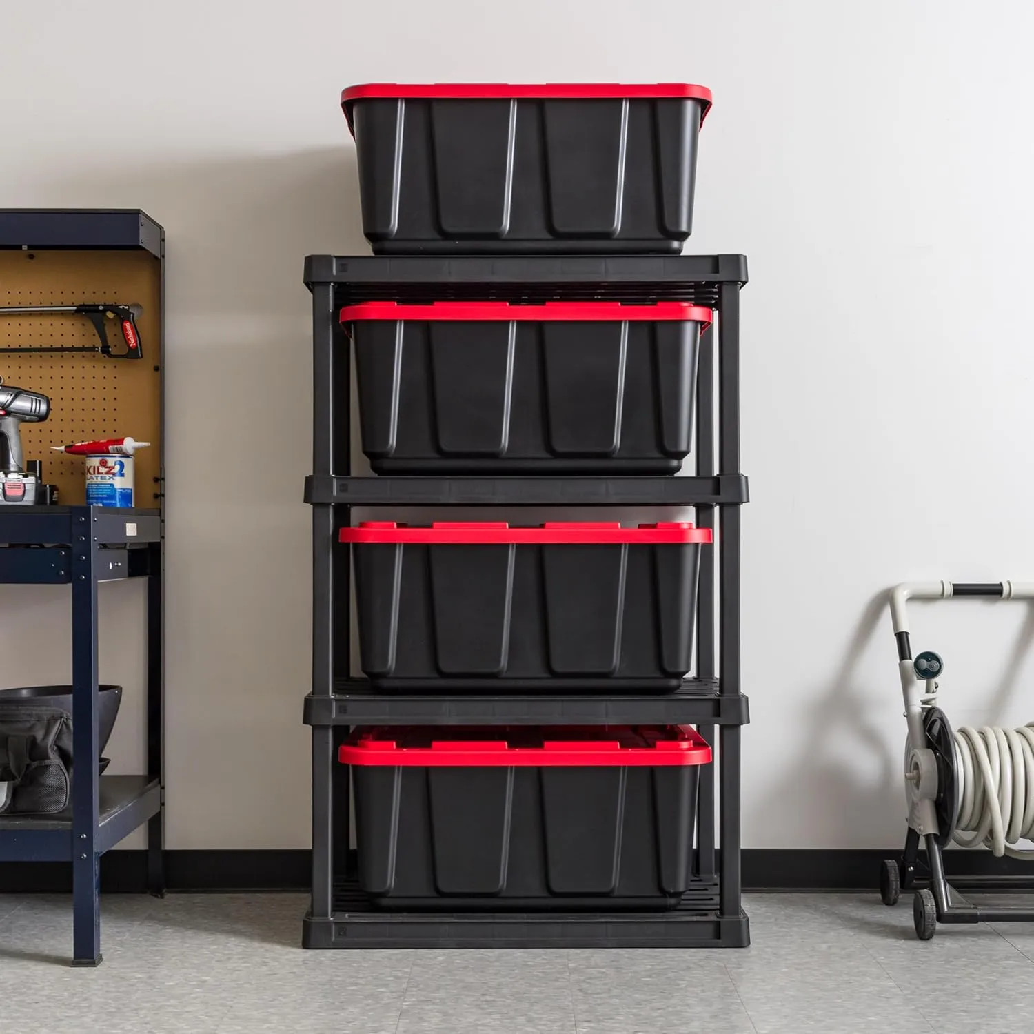 IRIS USA 27 Gallon Heavy Duty Truck Bed Toolbox Storage Tote Bins with Lids, 4 Pack - Made in USA, Tough Snap On Lid Stackable Industrial Rugged Tubs, Garage Organization, Reusable Box - Red