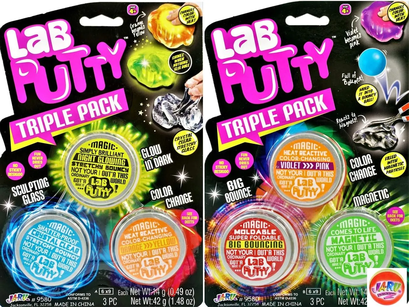 JA-RU Lab Putty Bundle Slime Set (2 Fidget Pack, 6 Units) Bouncy Color Changing Toys, Magnetic Putty, Glow in The Dark Slime, Clear Slime. Stress Relief Toy Therapy Putty. Sensory Toy. 9580-2p