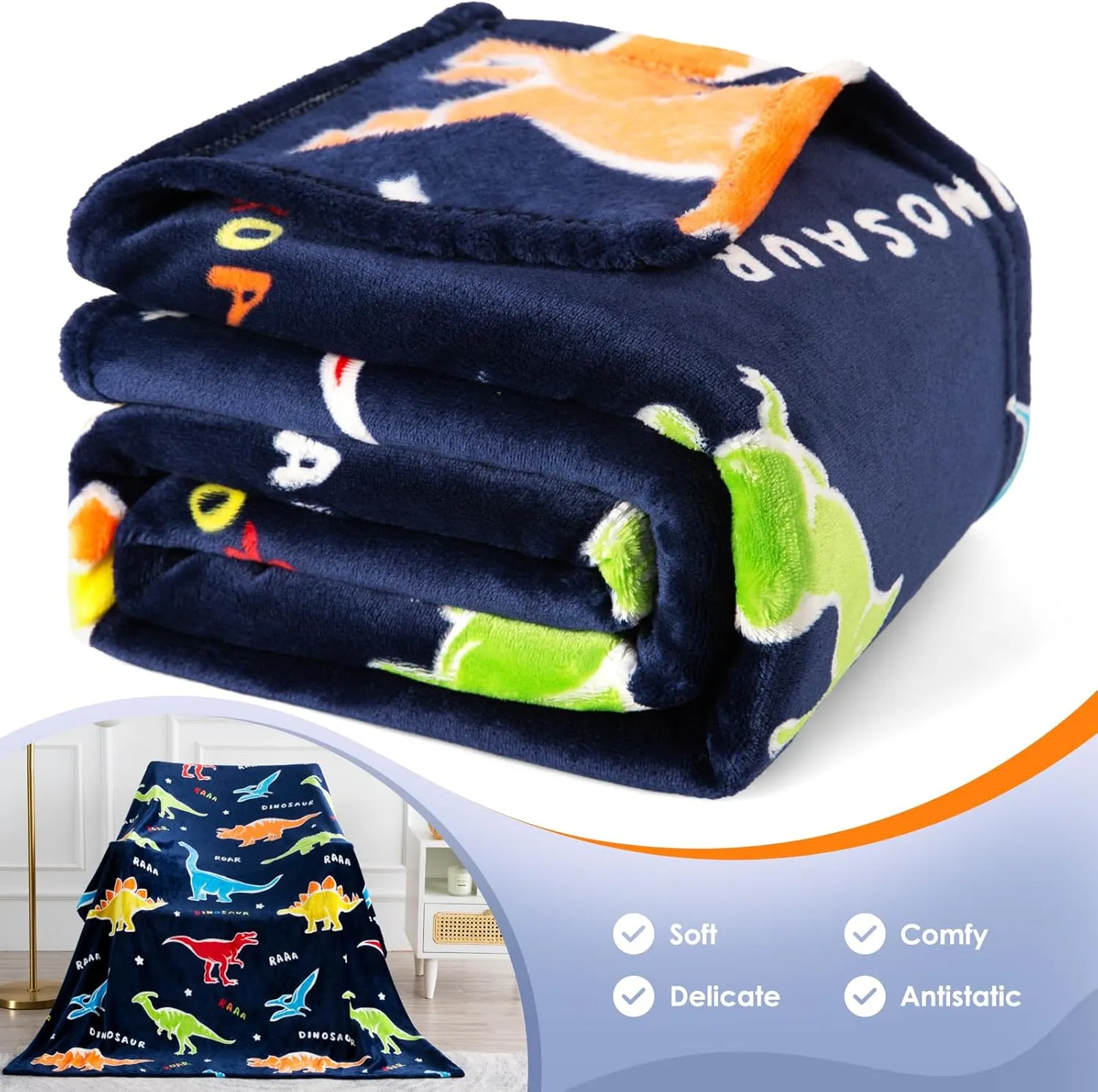 Jekeno Dinosaur Glow in The Dark Blanket Dino Throw for Kids Boys Girls Birthday Easter Decor for Age 1-14 Years Old Teens Child Toddler Son Throw Navy Blue 50"x60"