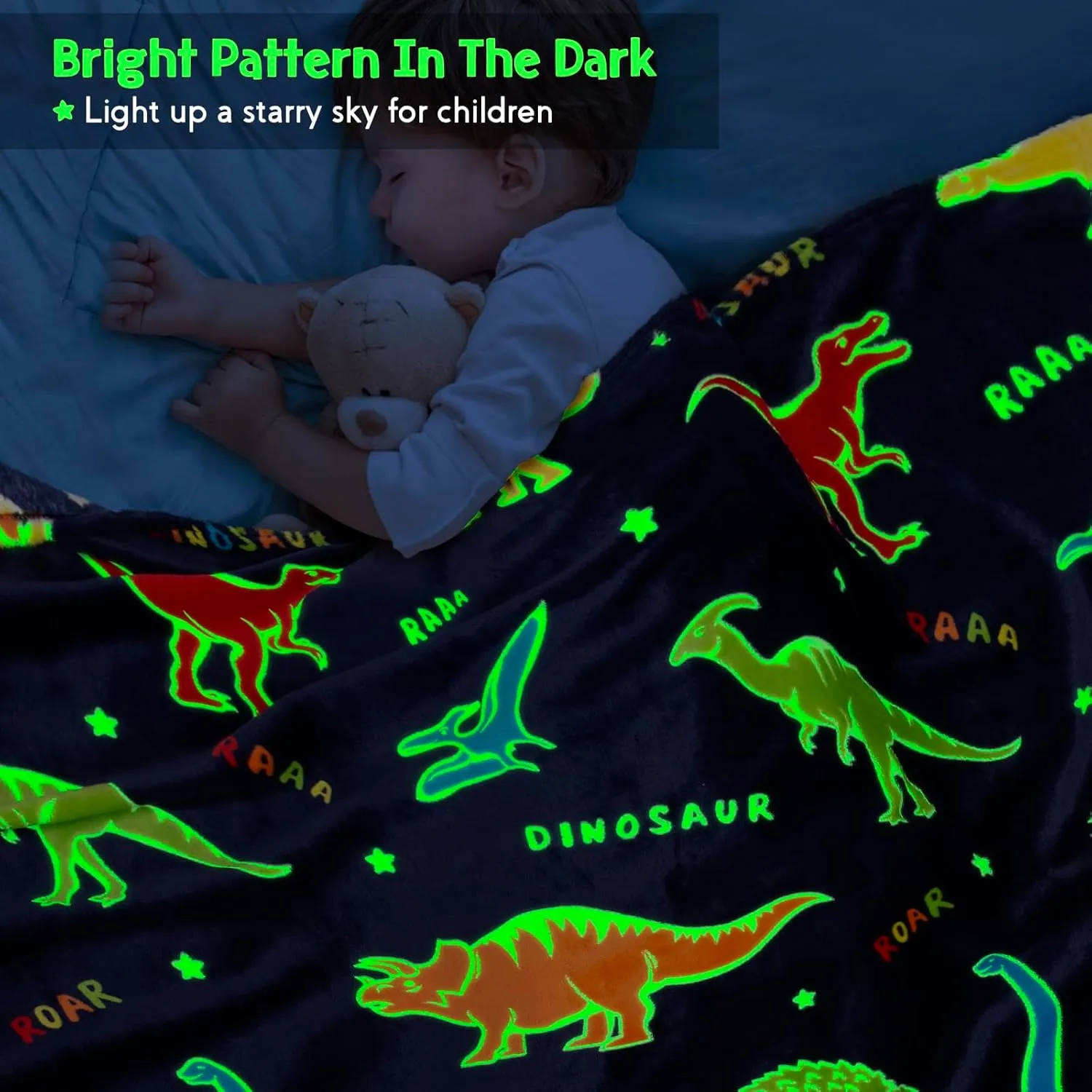 Jekeno Dinosaur Glow in The Dark Blanket Dino Throw for Kids Boys Girls Birthday Easter Decor for Age 1-14 Years Old Teens Child Toddler Son Throw Navy Blue 50"x60"