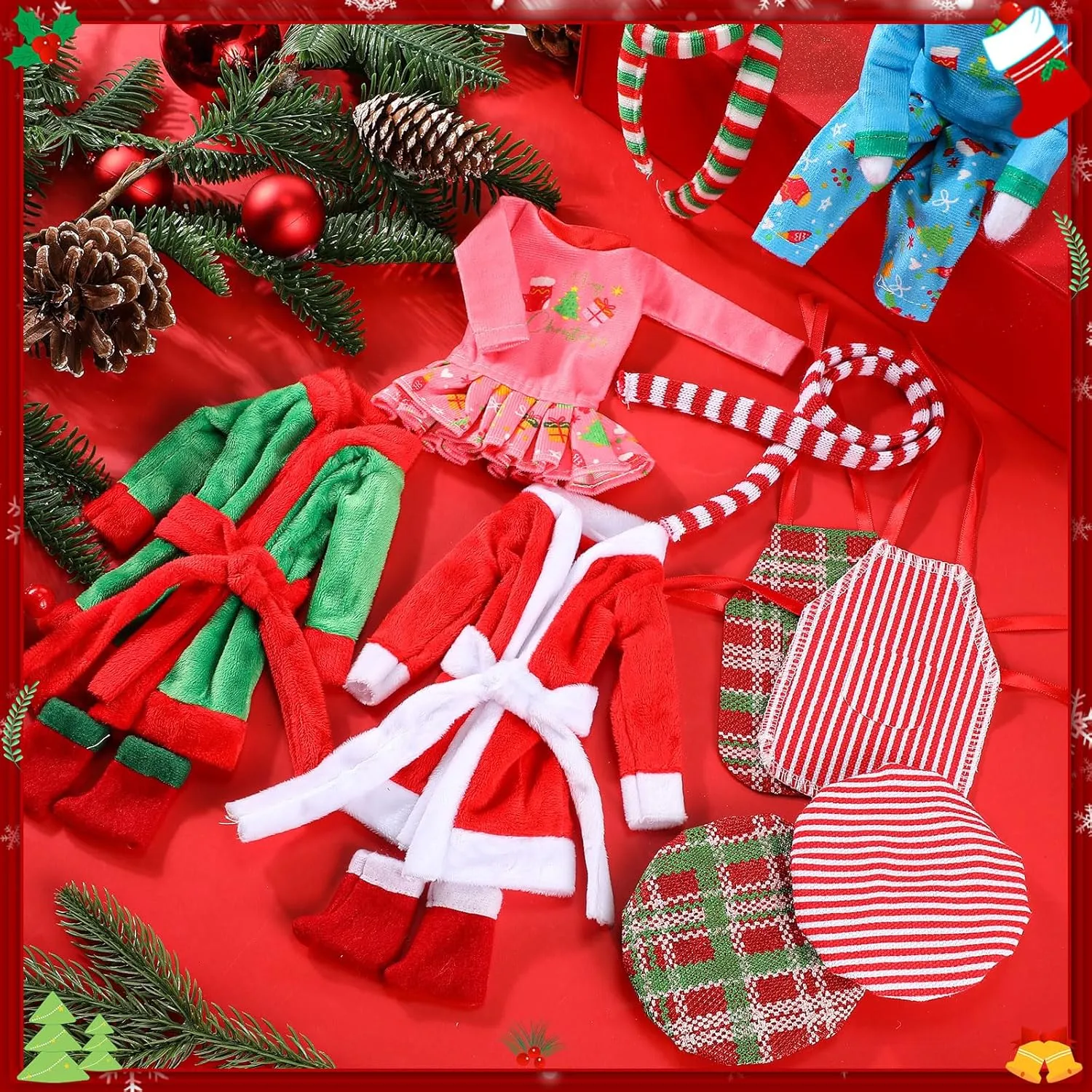 Jenaai 12 Pieces Christmas Accessories Set Clothes Mini Outfit Include Skirt Fluffy Vest Bathrobe Swing Sleeping Bag Scarf Apron Hats Socks(Xmas Tree)