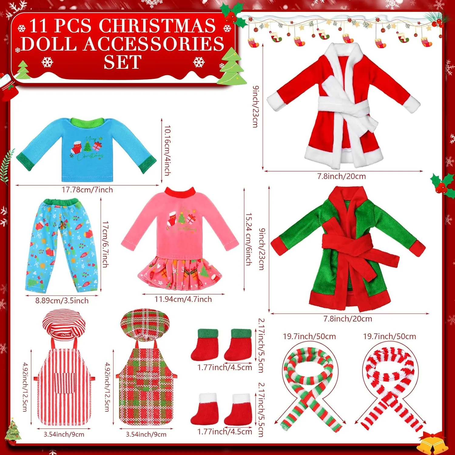 Jenaai 12 Pieces Christmas Accessories Set Clothes Mini Outfit Include Skirt Fluffy Vest Bathrobe Swing Sleeping Bag Scarf Apron Hats Socks(Xmas Tree)