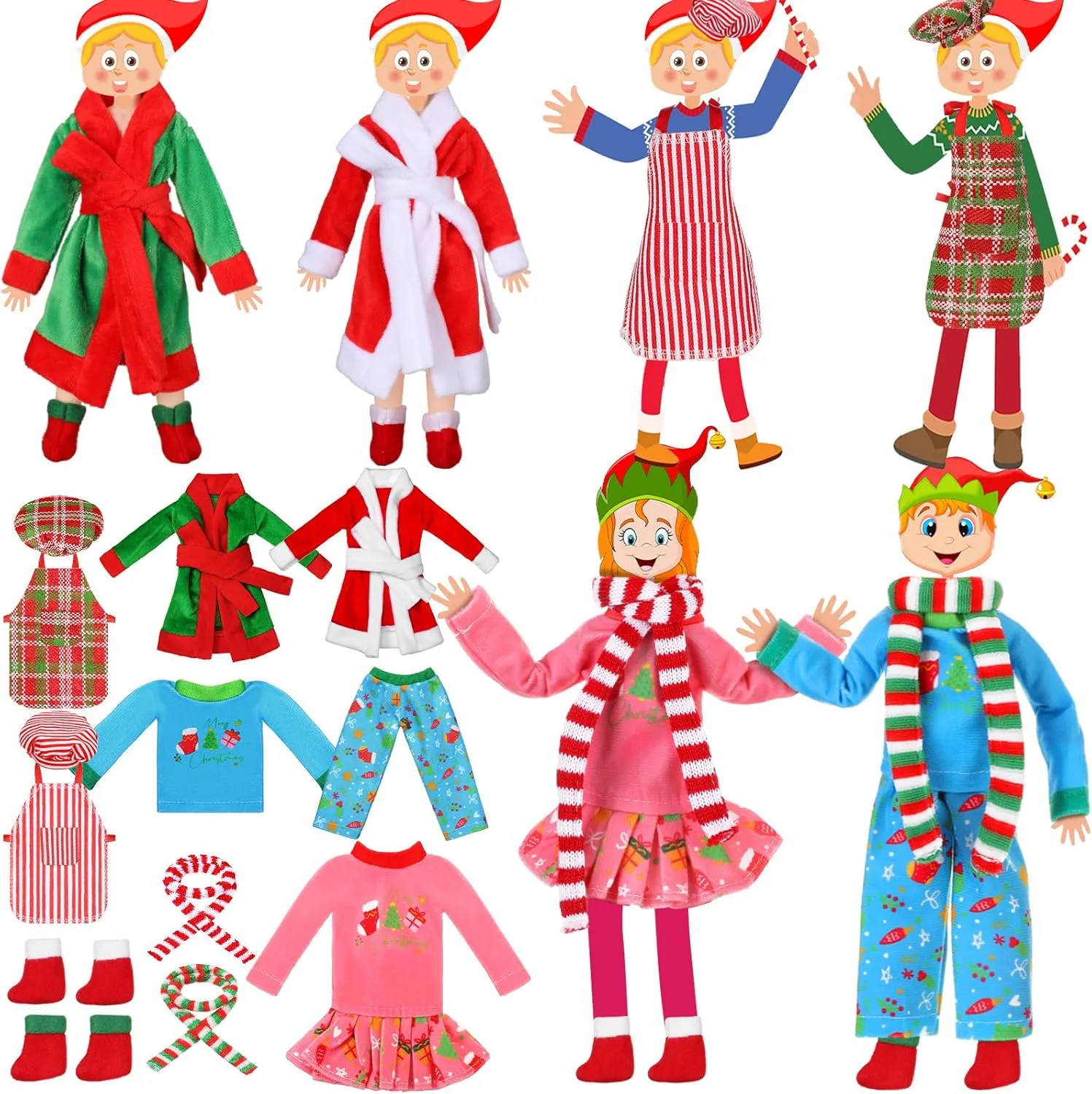 Jenaai 12 Pieces Christmas Accessories Set Clothes Mini Outfit Include Skirt Fluffy Vest Bathrobe Swing Sleeping Bag Scarf Apron Hats Socks(Xmas Tree)