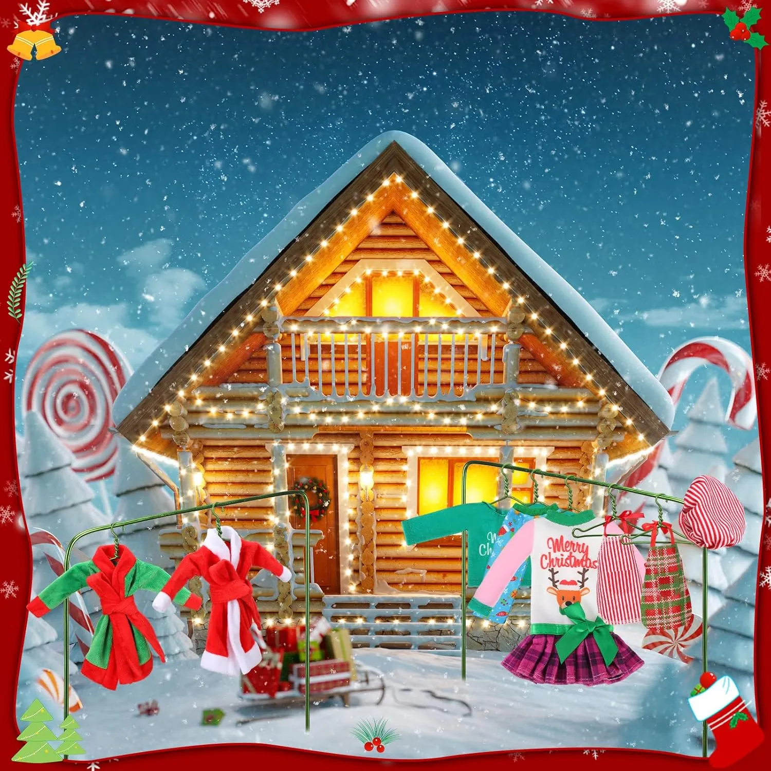 Jenaai 12 Pieces Christmas Accessories Set Clothes Mini Outfit Include Skirt Fluffy Vest Bathrobe Swing Sleeping Bag Scarf Apron Hats Socks(Xmas Tree)