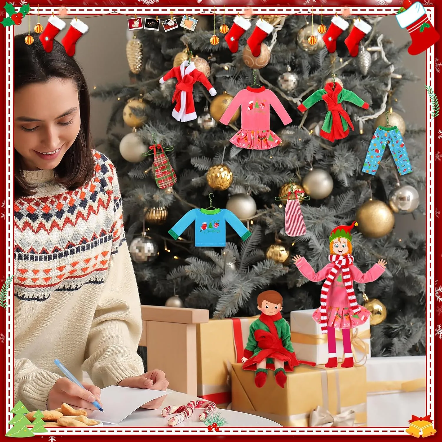 Jenaai 12 Pieces Christmas Accessories Set Clothes Mini Outfit Include Skirt Fluffy Vest Bathrobe Swing Sleeping Bag Scarf Apron Hats Socks(Xmas Tree)