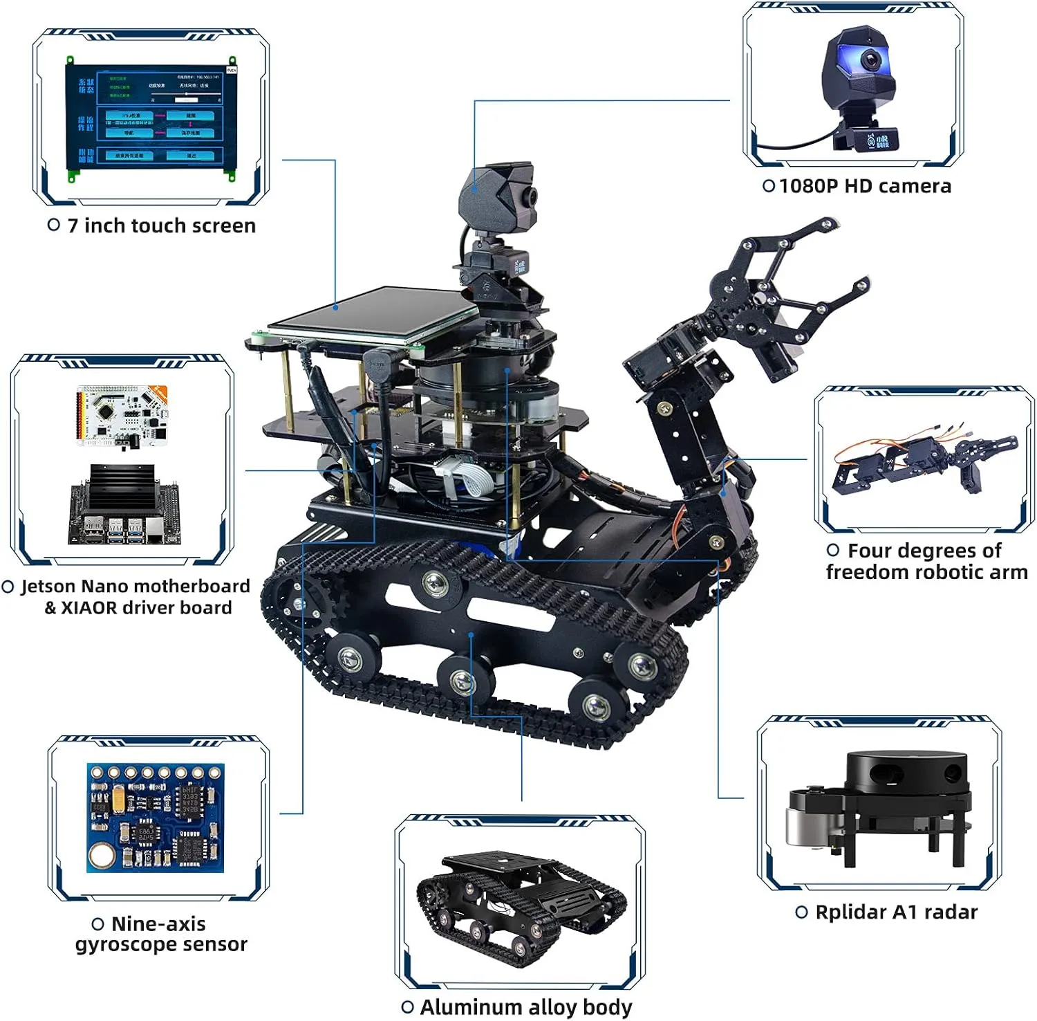 Jetson Nano AI Robot Kit with Rplidar A1 Radar ROS Smart Tank Car DIY Robot Arm Kit SLAM Build Maps, Autonomous Navigation,with 7 Inch Touchscreen (Included Jetson Nano 4GB)