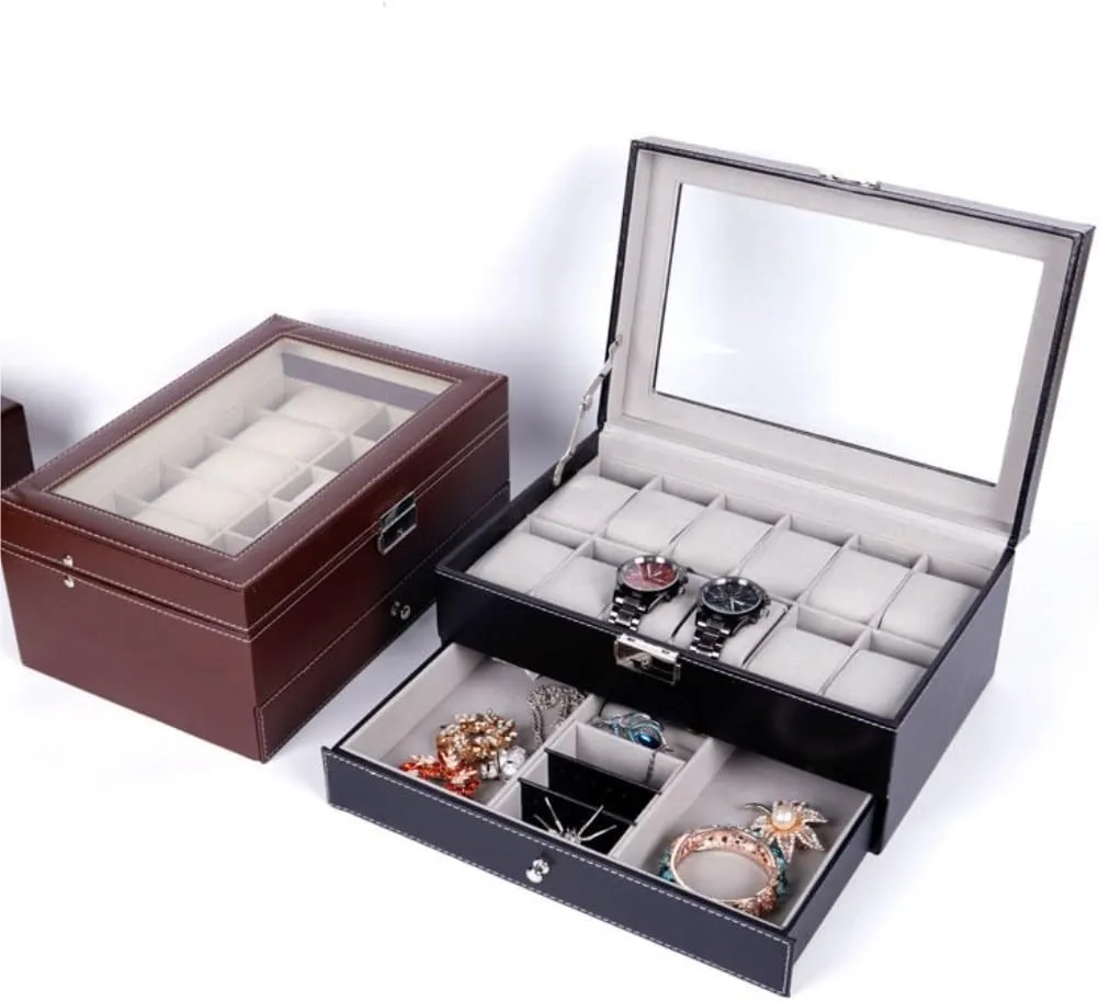 Jewlry Box Double Layer 12-position Watch Jewelry Box Transparent 12-position Watch Box Jewelry Box Jewelry Storage Box Jewery Box(Black)