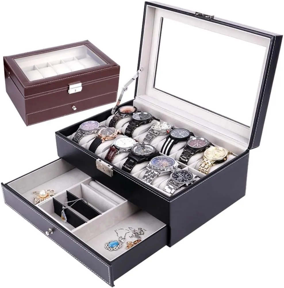 Jewlry Box Double Layer 12-position Watch Jewelry Box Transparent 12-position Watch Box Jewelry Box Jewelry Storage Box Jewery Box(Black)