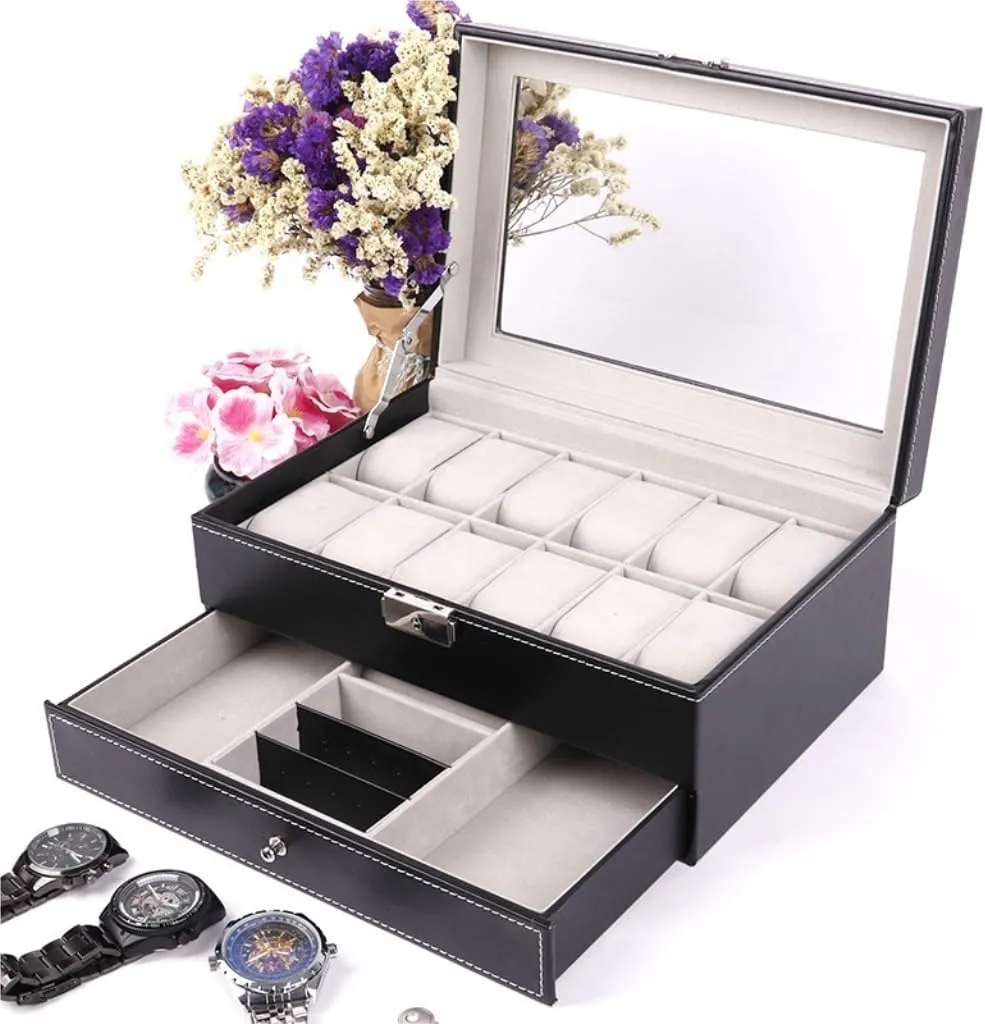 Jewlry Box Double Layer 12-position Watch Jewelry Box Transparent 12-position Watch Box Jewelry Box Jewelry Storage Box Jewery Box(Black)