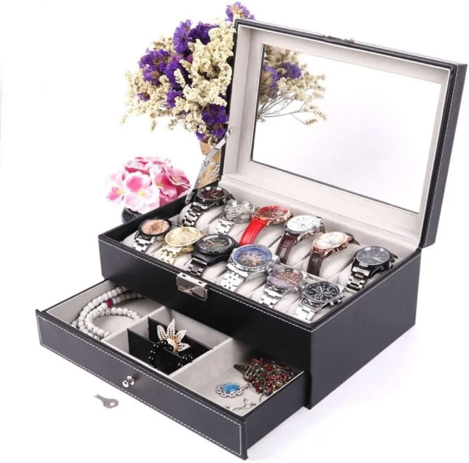 Jewlry Box Double Layer 12-position Watch Jewelry Box Transparent 12-position Watch Box Jewelry Box Jewelry Storage Box Jewery Box(Black)