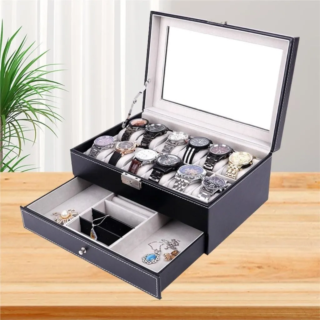 Jewlry Box Double Layer 12-position Watch Jewelry Box Transparent 12-position Watch Box Jewelry Box Jewelry Storage Box Jewery Box(Black)