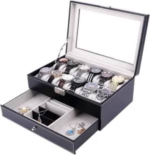 Jewlry Box Double Layer 12-position Watch Jewelry Box Transparent 12-position Watch Box Jewelry Box Jewelry Storage Box Jewery Box(Black)