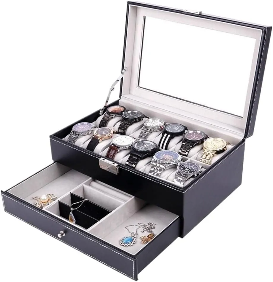 Jewlry Box Double Layer 12-position Watch Jewelry Box Transparent 12-position Watch Box Jewelry Box Jewelry Storage Box Jewery Box(Black)