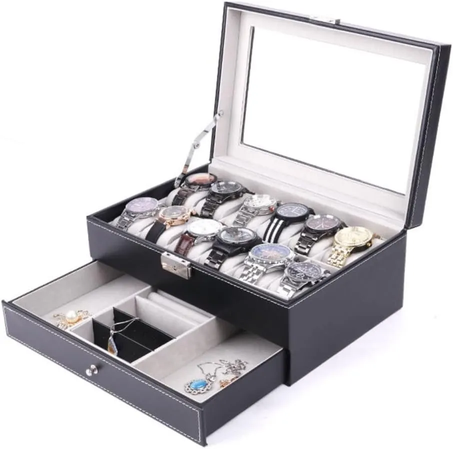 Jewlry Box Double Layer 12-position Watch Jewelry Box Transparent 12-position Watch Box Jewelry Box Jewelry Storage Box Jewery Box(Black)