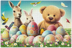 Jigsaw Puzzles for Adults 1000 Pieces Teddy Bear Bunny Easter Eggs Family White Elephant Gifts Unique Jigsaw Puzzle Animal Art Painting, 29.5x19.7 Inch