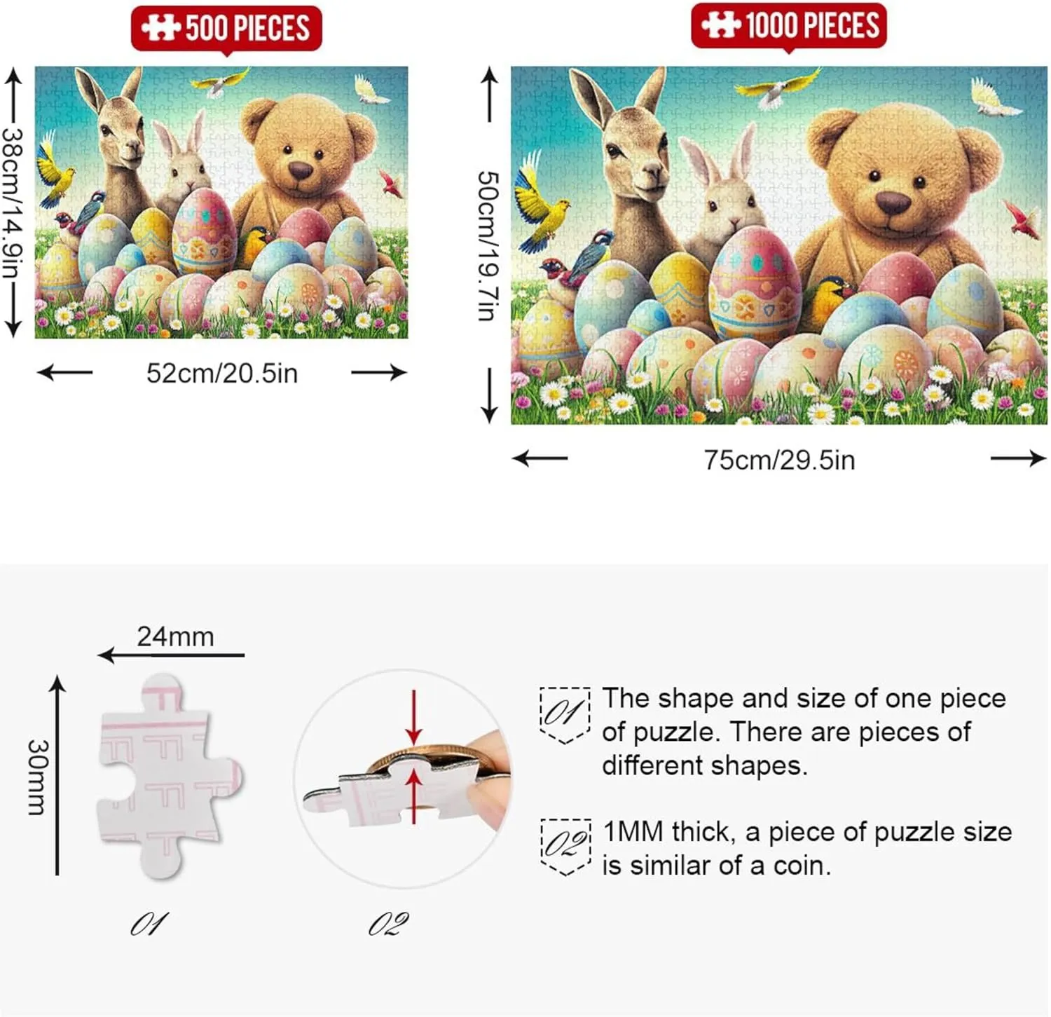 Jigsaw Puzzles for Adults 1000 Pieces Teddy Bear Bunny Easter Eggs Family White Elephant Gifts Unique Jigsaw Puzzle Animal Art Painting, 29.5x19.7 Inch