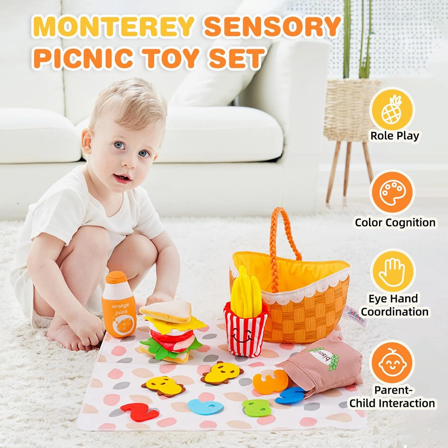 Jollybaby Mini Soft Cloth Kitchen Pretend Play Food Toys for Toddlers 1-3, Fabric Picnic Basket Fake Food Toys Set for Baby 0-6-12 Month, Montessori Sensory Stuffed Food Toys for Newborn Baby Gift