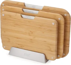Joseph Joseph Nest™ Boards 3-Piece Bamboo Cutting Board Set, Double-Sided, Non-Slip Feet, Stainless-Steel Tabs, Food Icons, Metal Stand