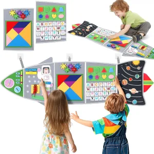 Joyibay Montessori Busy Board for Toddlers 3-6 Years, Space Sensory Wall Toy with 12  Fine Motor Activities, Foldable Felt Rocket Sensory Activity Board, Wall Mounted Space Learning Toy for Kids