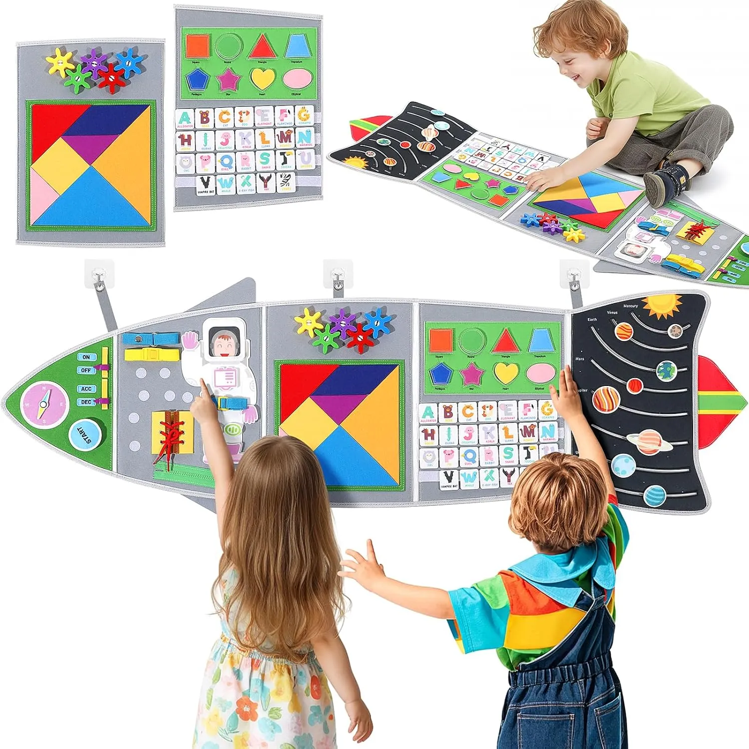 Joyibay Montessori Busy Board for Toddlers 3-6 Years, Space Sensory Wall Toy with 12  Fine Motor Activities, Foldable Felt Rocket Sensory Activity Board, Wall Mounted Space Learning Toy for Kids