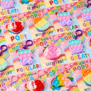 JOYIN 30 Packs 6 Design Gift Cards with Pop Bubble Keychains, Mini Colored Pop, Multi Shape Stress Relief Fidget Toys for Kids Party Favors and Classroom Gift Exchange