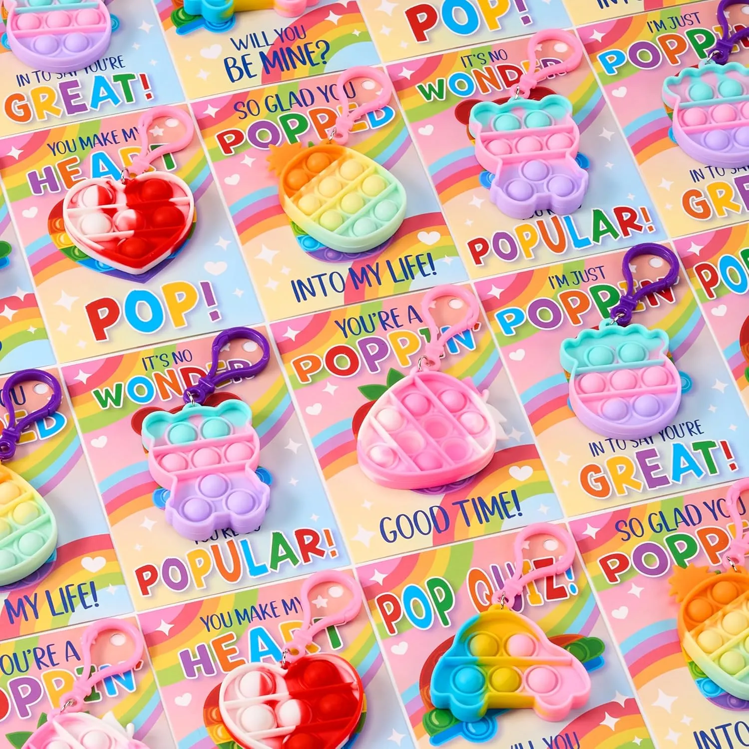 JOYIN 30 Packs 6 Design Gift Cards with Pop Bubble Keychains, Mini Colored Pop, Multi Shape Stress Relief Fidget Toys for Kids Party Favors and Classroom Gift Exchange