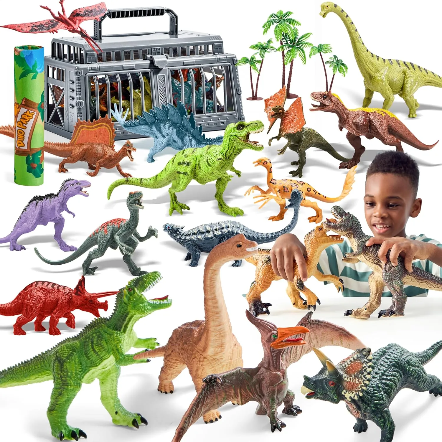JOYIN Soft & Realistic Dinosaur Figures & Trees with Activity Play Mat, Storage Cage & Educational Book