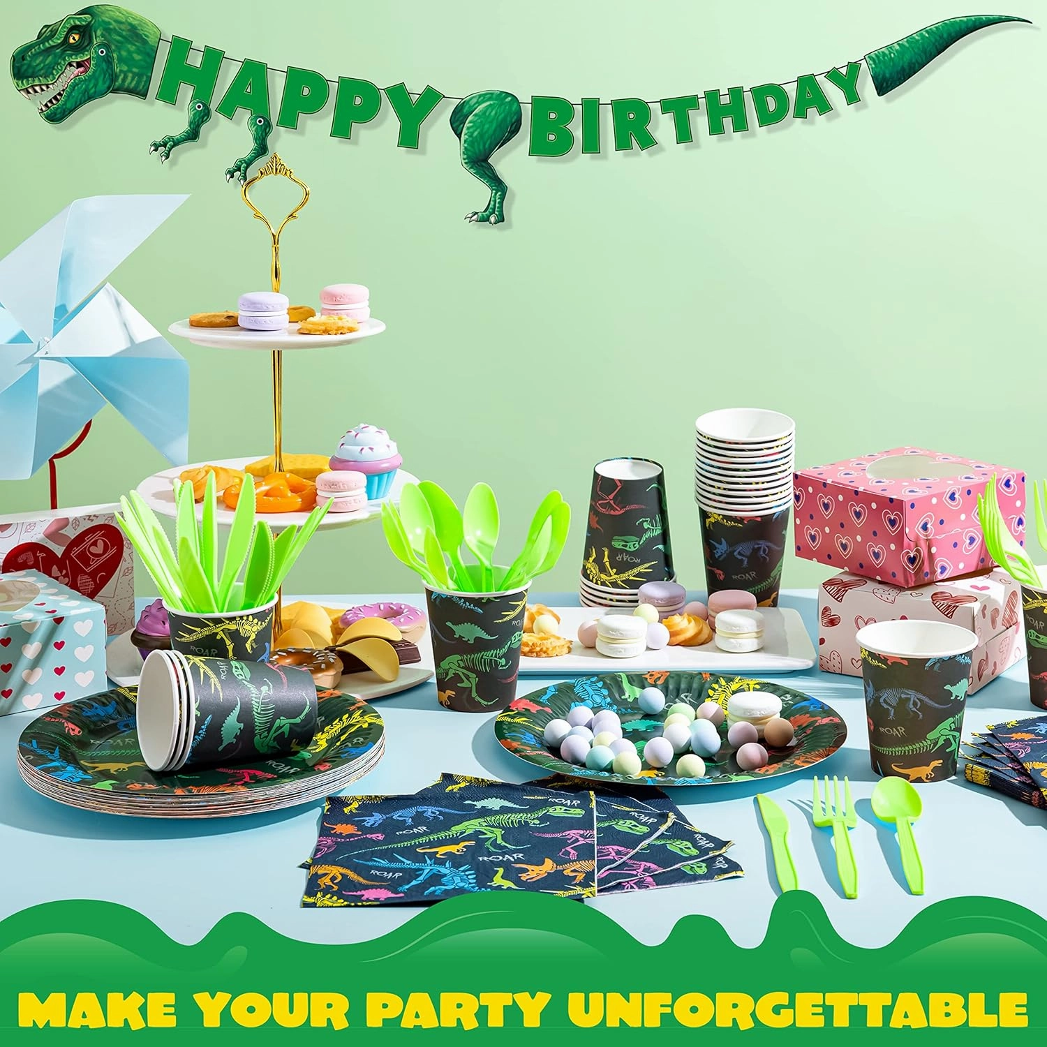 JOYIN 145 Piece Dinosaur Birthday Party Supplies with Trex Banner, 24 Serves dinosaur Disposable Tableware Set with Plates, Cups, Napkins, and Cutlery Sets for Dinosaur Themes Party Kids Years