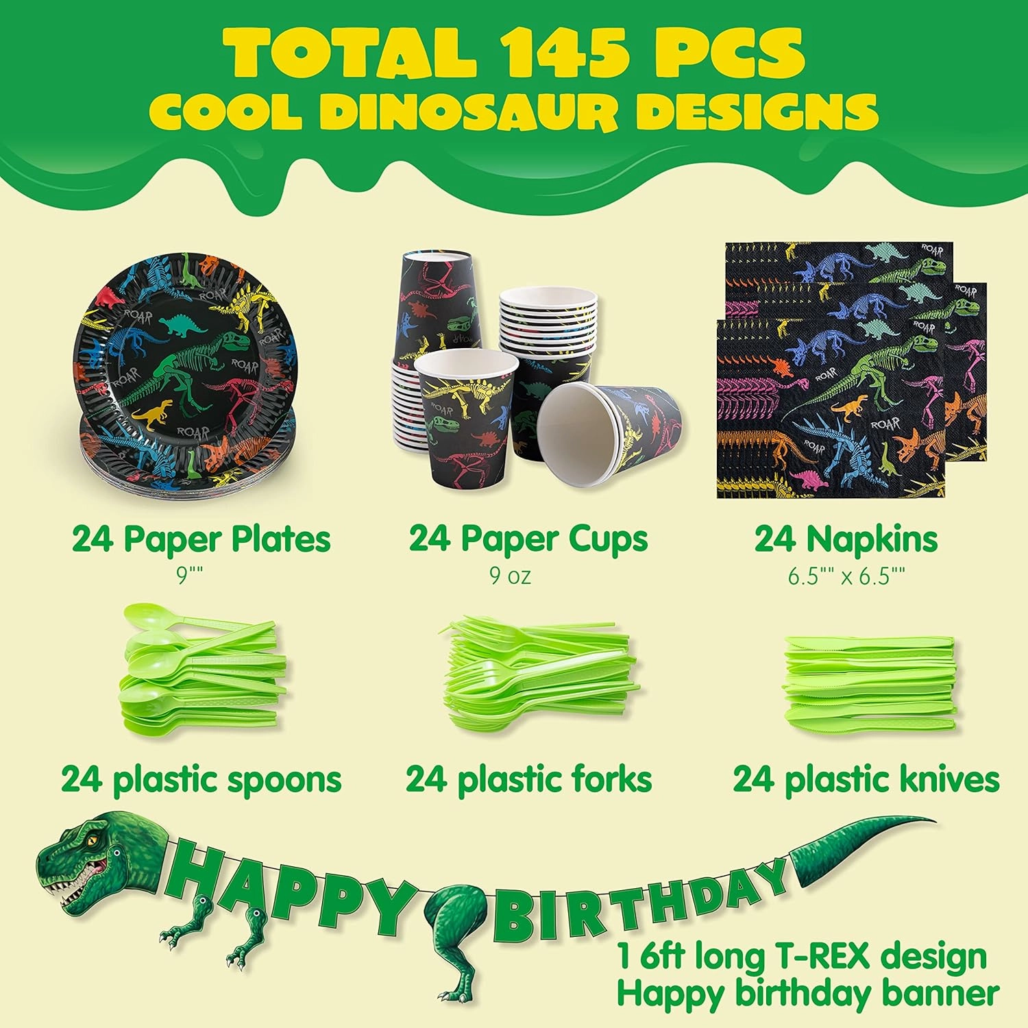 JOYIN 145 Piece Dinosaur Birthday Party Supplies with Trex Banner, 24 Serves dinosaur Disposable Tableware Set with Plates, Cups, Napkins, and Cutlery Sets for Dinosaur Themes Party Kids Years