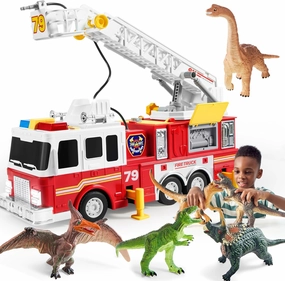 JOYIN Extra Large 33-inch Ladder Fire Truck Toy and Big Dinosaur Toys for Toddlers, 6 Piece Large Soft Dinosaur Figures with an Educational Book, Realistic Dinosaur Toys for Kids Ages 1 2 3 4 5