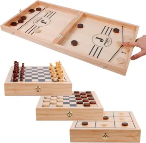 Juegoal 4-in-1 Wooden Fast Sling Puck Set for Kids and Adults, Chess, Checkers, Tic Tac Toe Games, Travel Portable Folding Tabletop Chess Board Game Sets, Interactive Families Toys