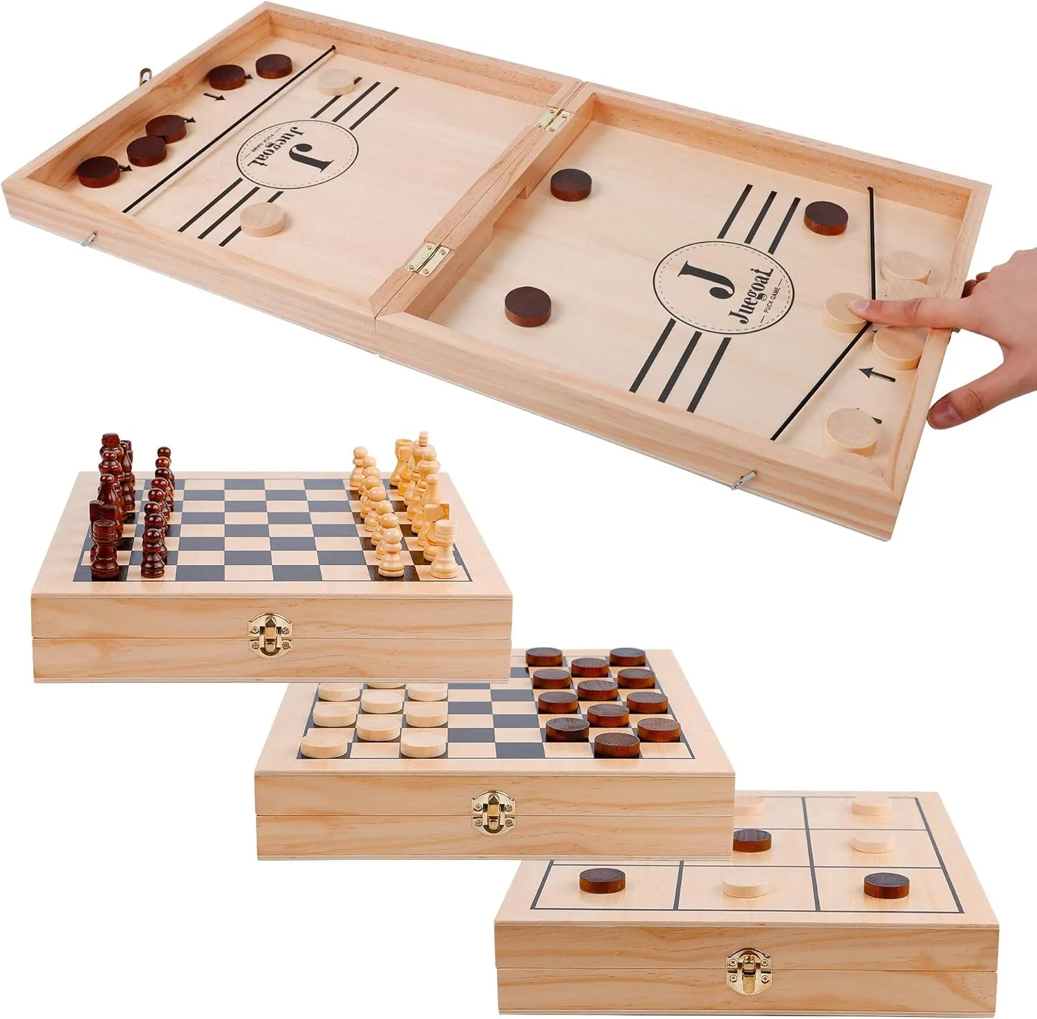Juegoal 4-in-1 Wooden Fast Sling Puck Set for Kids and Adults, Chess, Checkers, Tic Tac Toe Games, Travel Portable Folding Tabletop Chess Board Game Sets, Interactive Families Toys