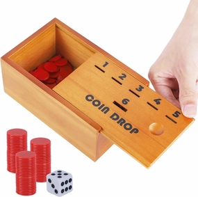 Juegoal Coin Drop Set, Pennies Dice Games for Kids and Adults, Wooden Tabletop Board Game Sets for 2-6 Player, Wood Penny Game Box Includes 48 Chips & 1 Dice, Interactive Families Toys