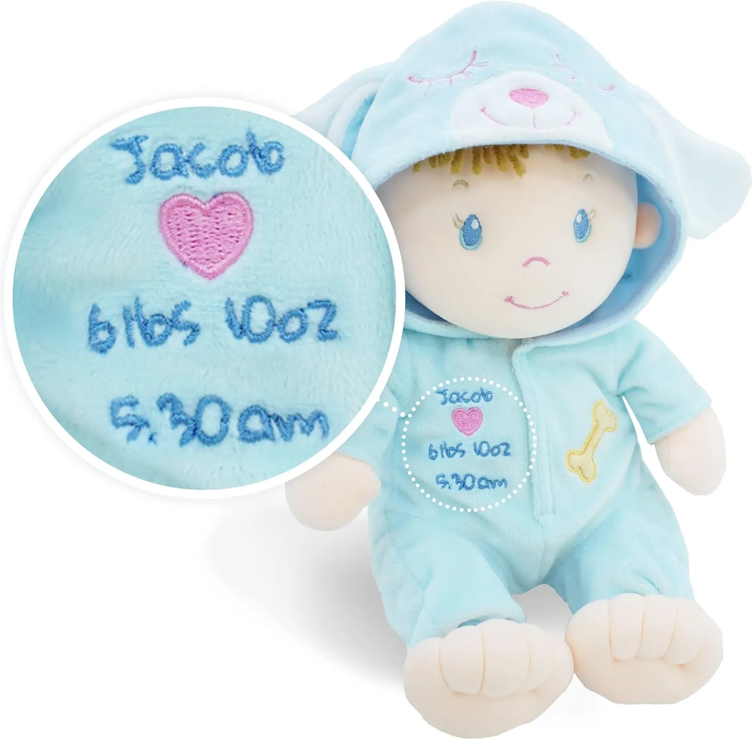 June Garden Personalized 12" Sweet Dolly Brooks - Stuffed Ultra Soft Baby Puppy Doll for Birth and Up with Custom Name, Date or Birth Weight