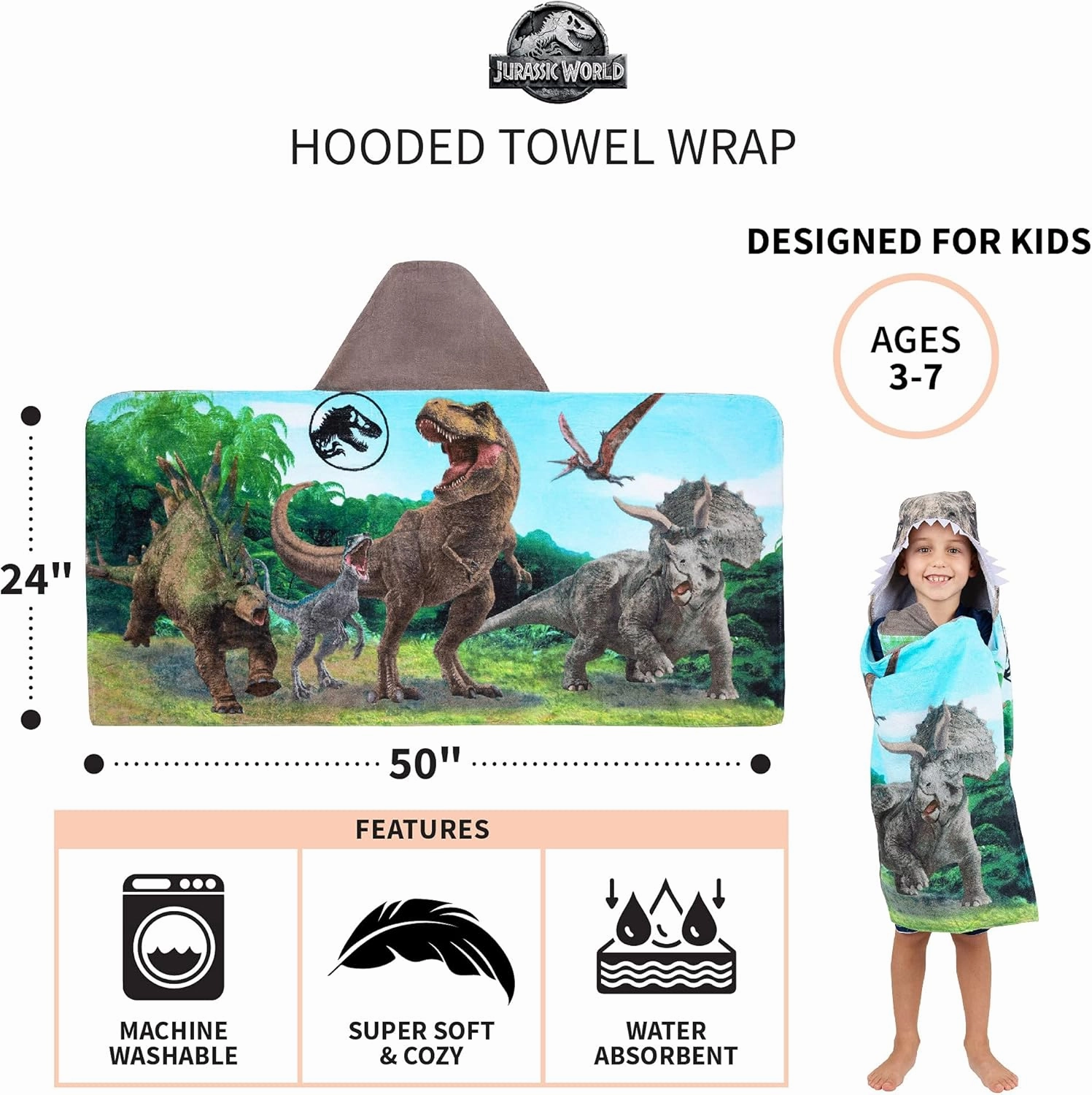 Jurassic World Kids Super Soft Bath/Pool/Beach Soft Cotton Terry Hooded Towel Wrap, 24 in x 50 in, (Officially Licensed Product) By Franco