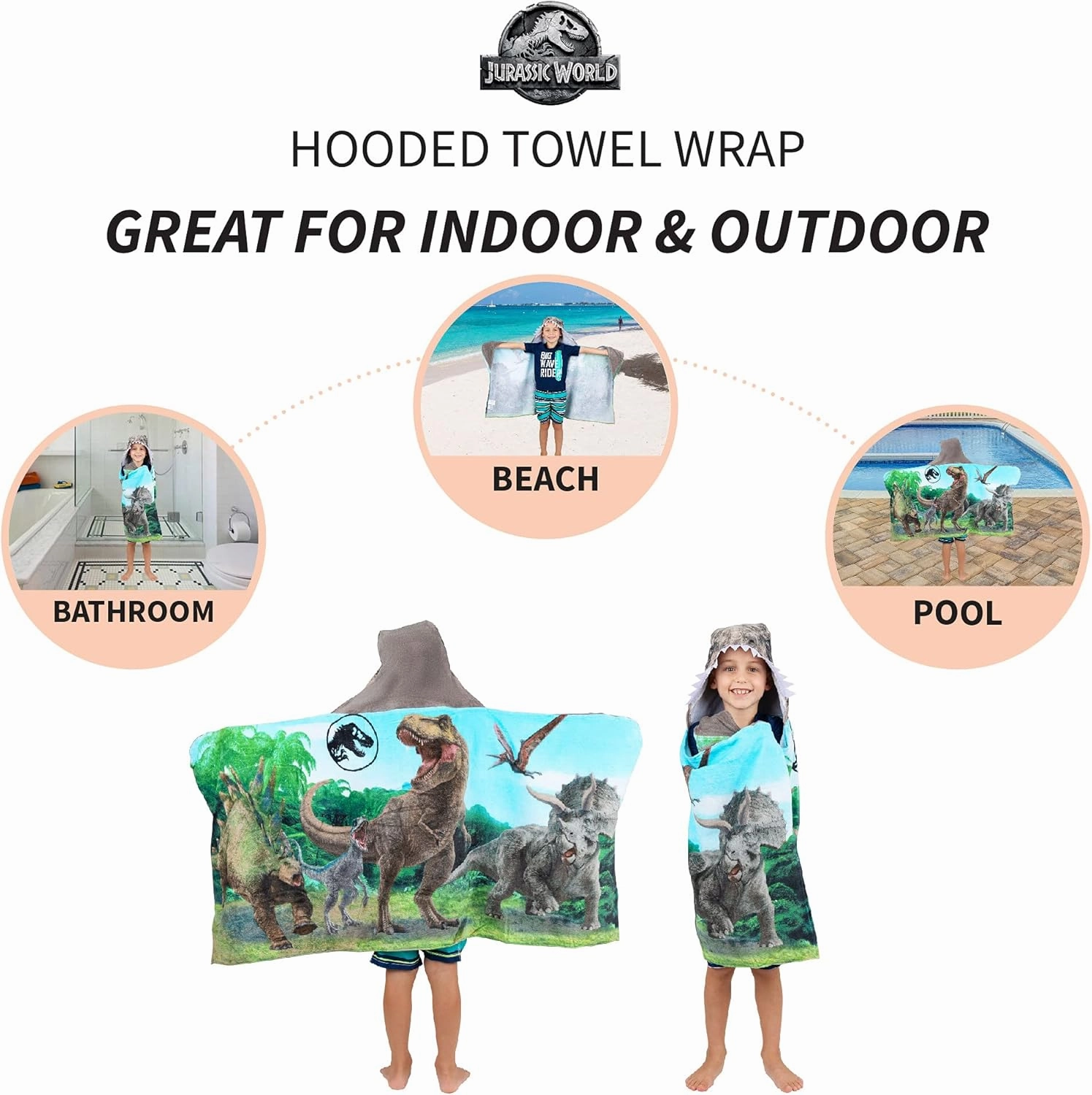Jurassic World Kids Super Soft Bath/Pool/Beach Soft Cotton Terry Hooded Towel Wrap, 24 in x 50 in, (Officially Licensed Product) By Franco