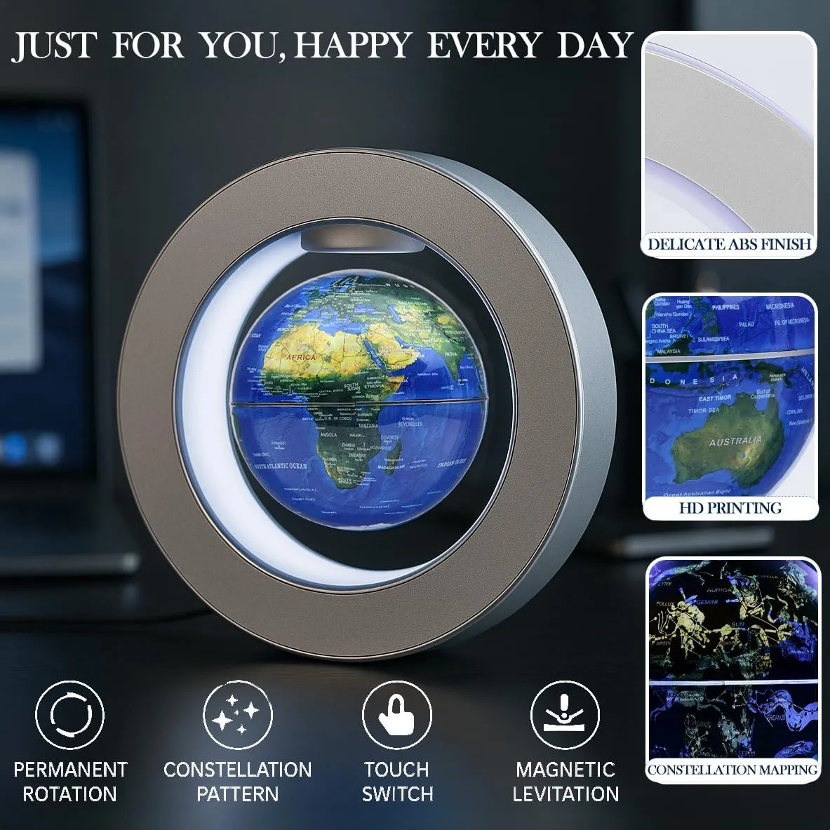 KAIMC Magnetic Levitation Floating Globe 4in,Gift for Men,Teens Boy Kids, Retirement or Birthday,Rotating World Map with LED Lights,Cool Office Desk Accessories