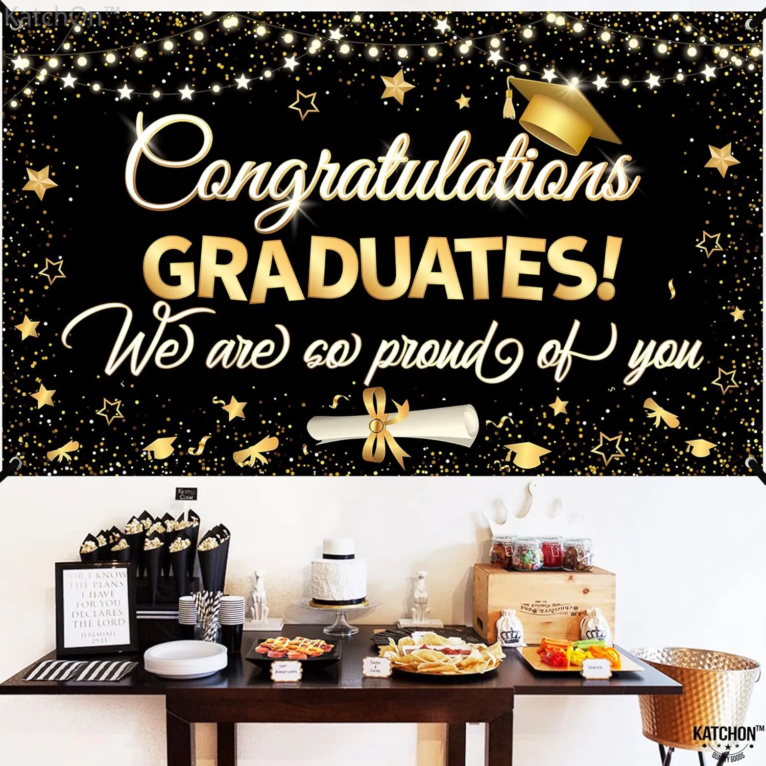 KatchOn, XtraLarge Congrats Grad Banner - 72x44 Inch, Graduation Banner | Congratulations Backdrop | Black and Gold We are So Proud of You Backdrop | Graduation Decorations 2025