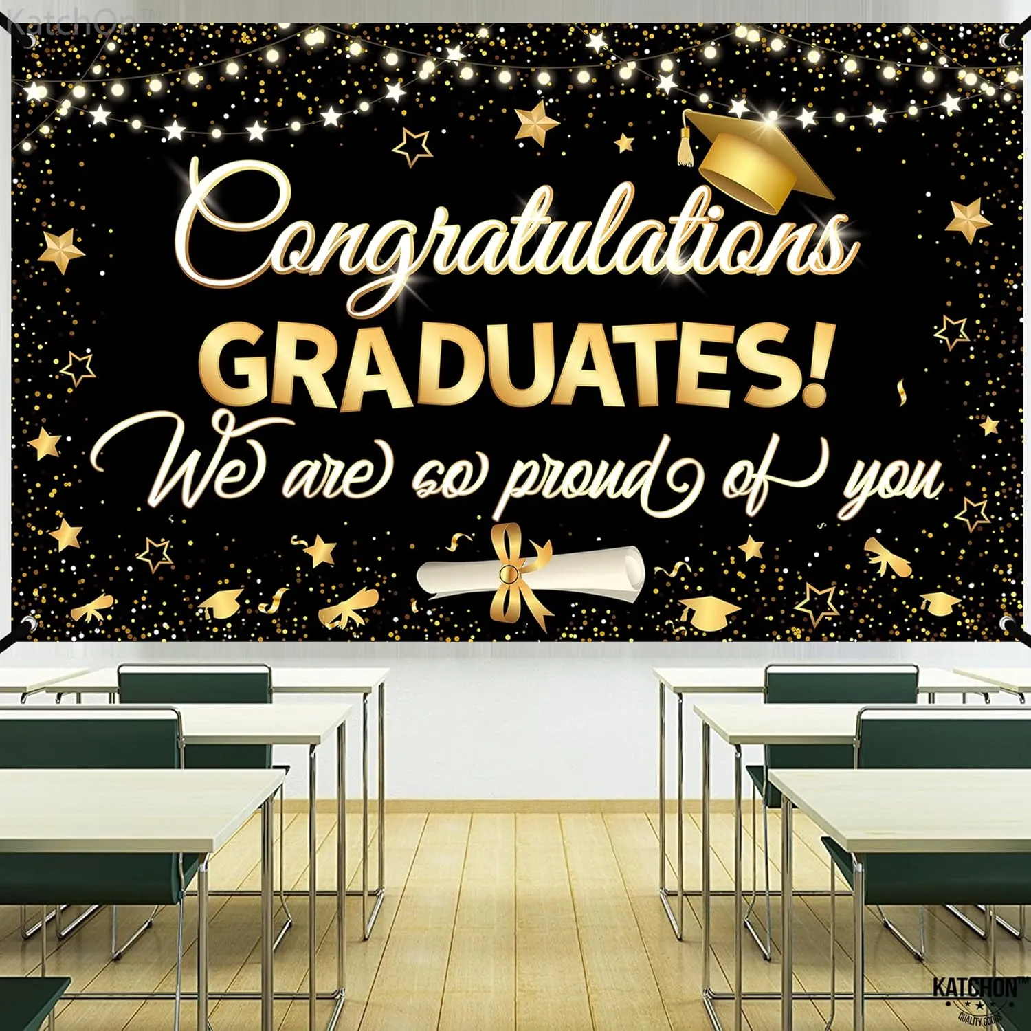 KatchOn, XtraLarge Congrats Grad Banner - 72x44 Inch, Graduation Banner | Congratulations Backdrop | Black and Gold We are So Proud of You Backdrop | Graduation Decorations 2025