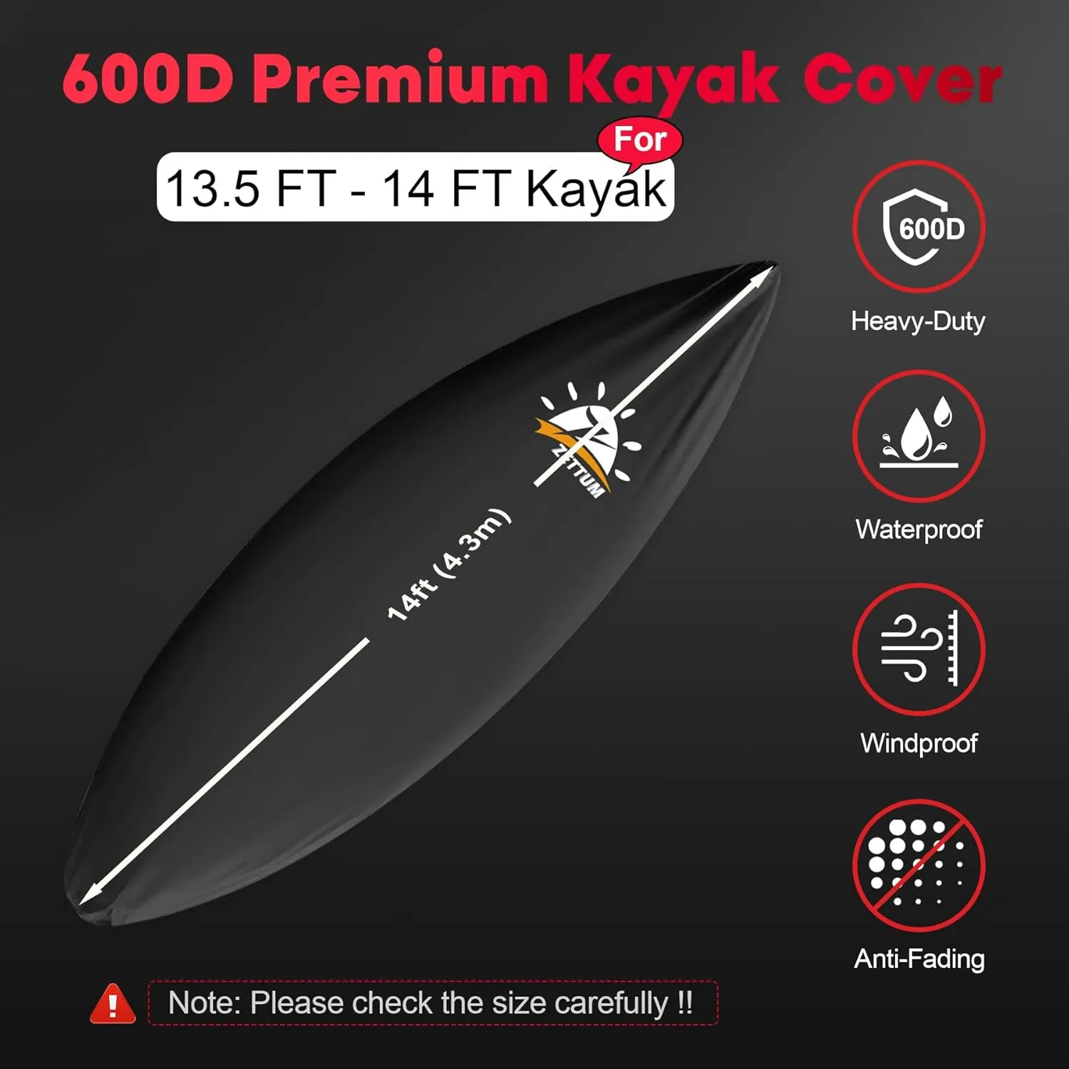Kayak Cover 14 FT - 600D Canoe Cover for Outdoor Storage, Heavy Duty & Waterproof, Fade-Resistant Kayak Accessory for Canoe, Paddle Board, SUP, Boat, and Kayaks