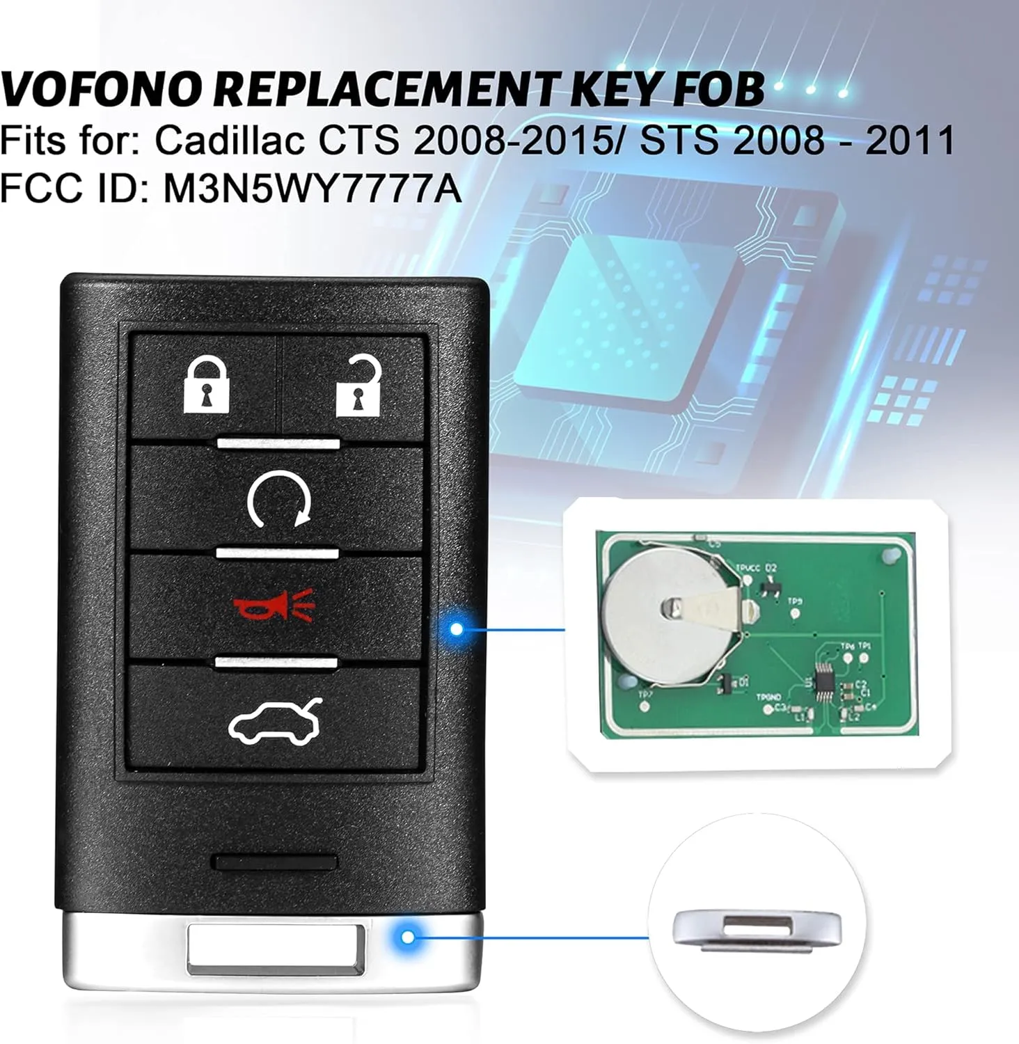 Key fob VOFONO Keyless Entry Remote Smart Replacement Compatible with Cadillac CTS 2008-2015/ STS 2008-2011 (FCC ID: M3N5WY7777A) 5 Buttons