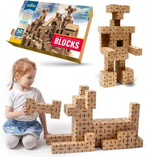 Kids Cardboard Building Blocks - Stackable, Connectable & Reusable Eco-Friendly Blocks for Kids - Safe & Lightweight - Encourages Imagination, Building, Arranging & Coloring | 50 Piece Set