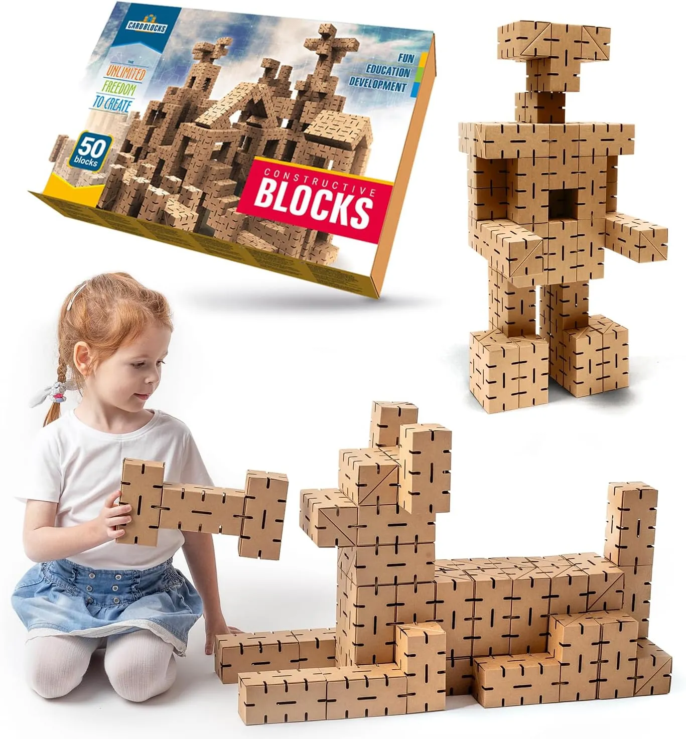Kids Cardboard Building Blocks - Stackable, Connectable & Reusable Eco-Friendly Blocks for Kids - Safe & Lightweight - Encourages Imagination, Building, Arranging & Coloring | 50 Piece Set