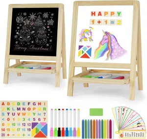 Kids Tabletop Double-Sided Wooden Art Easel - Chalkboard & Whiteboard Painting Board for Toddlers, Dry-Erase Classroom Desk Easel with Chalk, Markers, Eraser, Magnetic Letters/Numbers & Flashcards