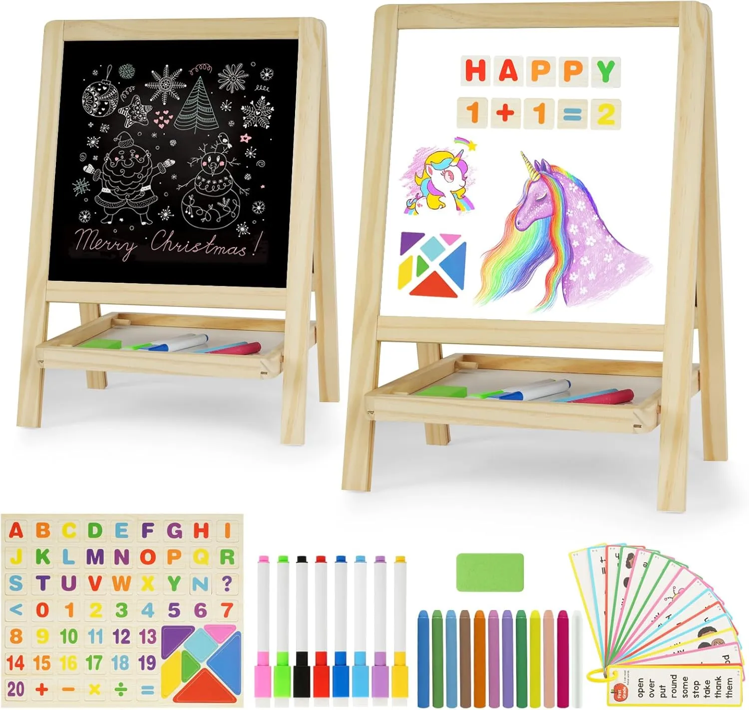 Kids Tabletop Double-Sided Wooden Art Easel - Chalkboard & Whiteboard Painting Board for Toddlers, Dry-Erase Classroom Desk Easel with Chalk, Markers, Eraser, Magnetic Letters/Numbers & Flashcards