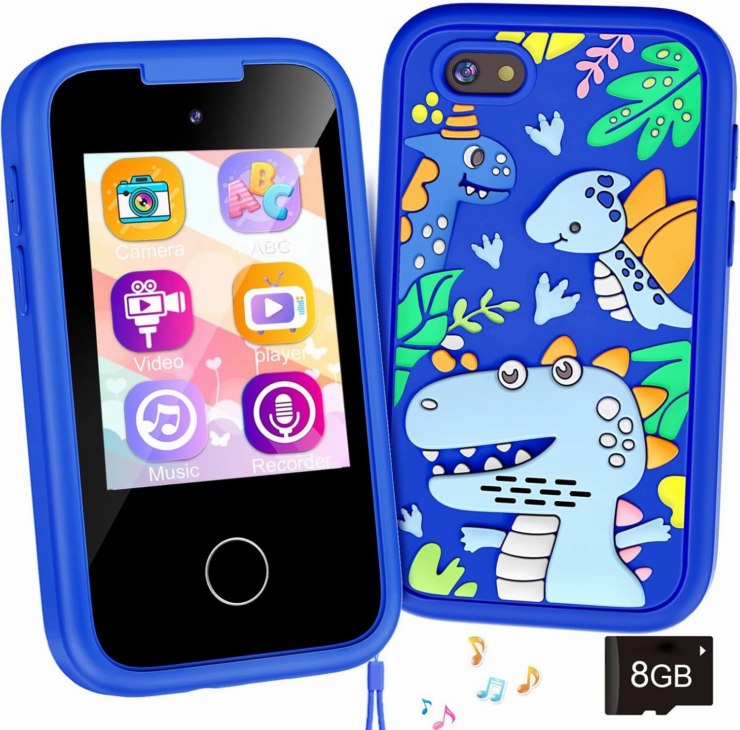 Kids Phone Birthday Gifts Toy for 3 4 5 6 7 8 9 10 Year Old Girls Boy,Toddler Kid Smart Phone with Dinosaur Silicone Cover Educational Games,Music Player,Toys for Girls Boys Age 3-8(Blue)