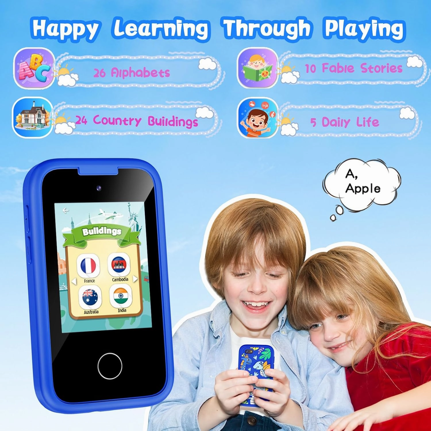 Kids Phone Birthday Gifts Toy for 3 4 5 6 7 8 9 10 Year Old Girls Boy,Toddler Kid Smart Phone with Dinosaur Silicone Cover Educational Games,Music Player,Toys for Girls Boys Age 3-8(Blue)