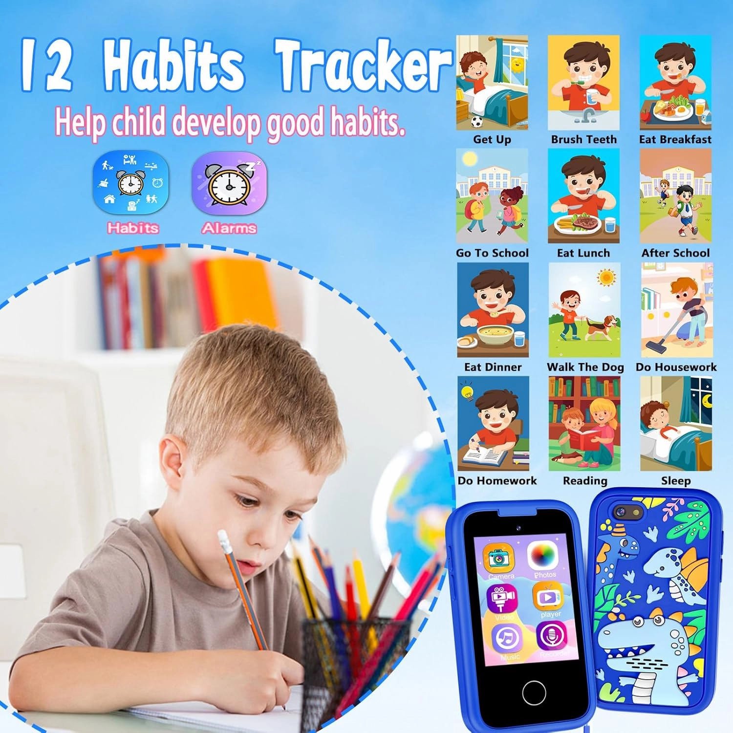 Kids Phone Birthday Gifts Toy for 3 4 5 6 7 8 9 10 Year Old Girls Boy,Toddler Kid Smart Phone with Dinosaur Silicone Cover Educational Games,Music Player,Toys for Girls Boys Age 3-8(Blue)